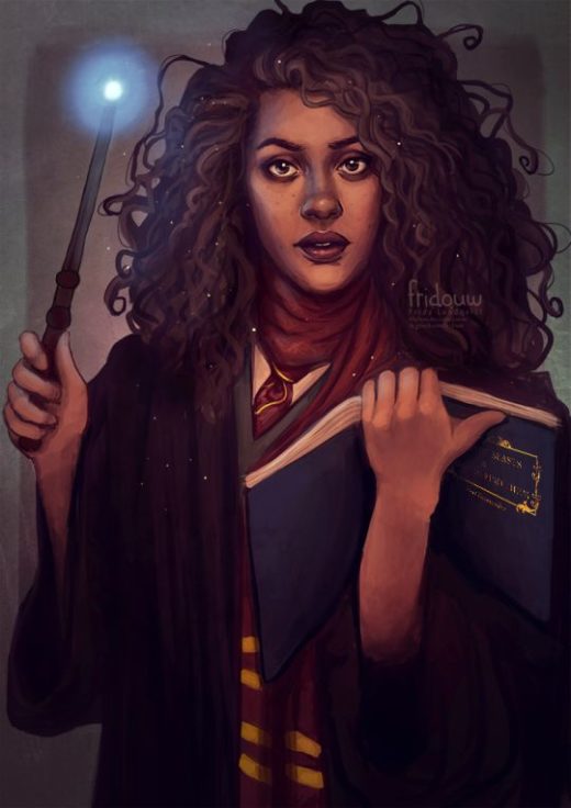 Fan art by Frida Lundqvist. Black Hermione Granger. Spell book open in one hand, wand poised for action in the other.