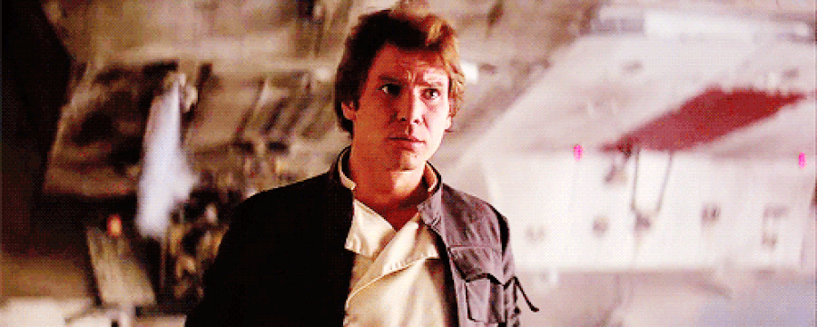 Han Solo points at himself and asks, "Me?"