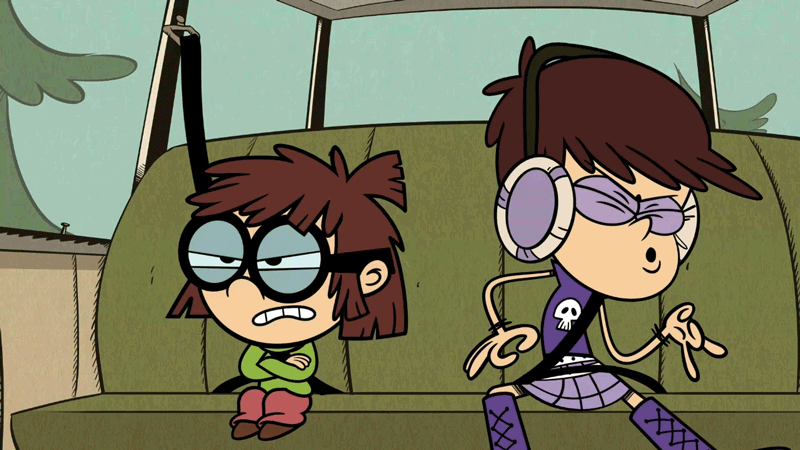 Animated gif of 2 cartoon kids rocking out in the backseat of a car